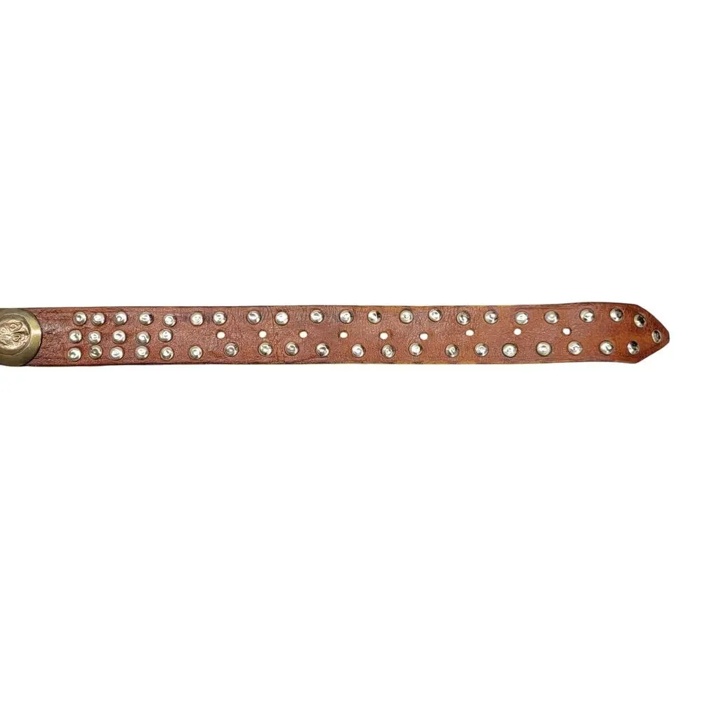 Vintage Brown Leather Studded Concho Belt Four Leaf Clover Silver Tone Boho